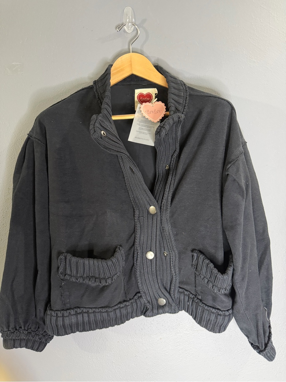 LuvLuv  Black Knit-Trim Snap Front Women's Cardigan Jacket